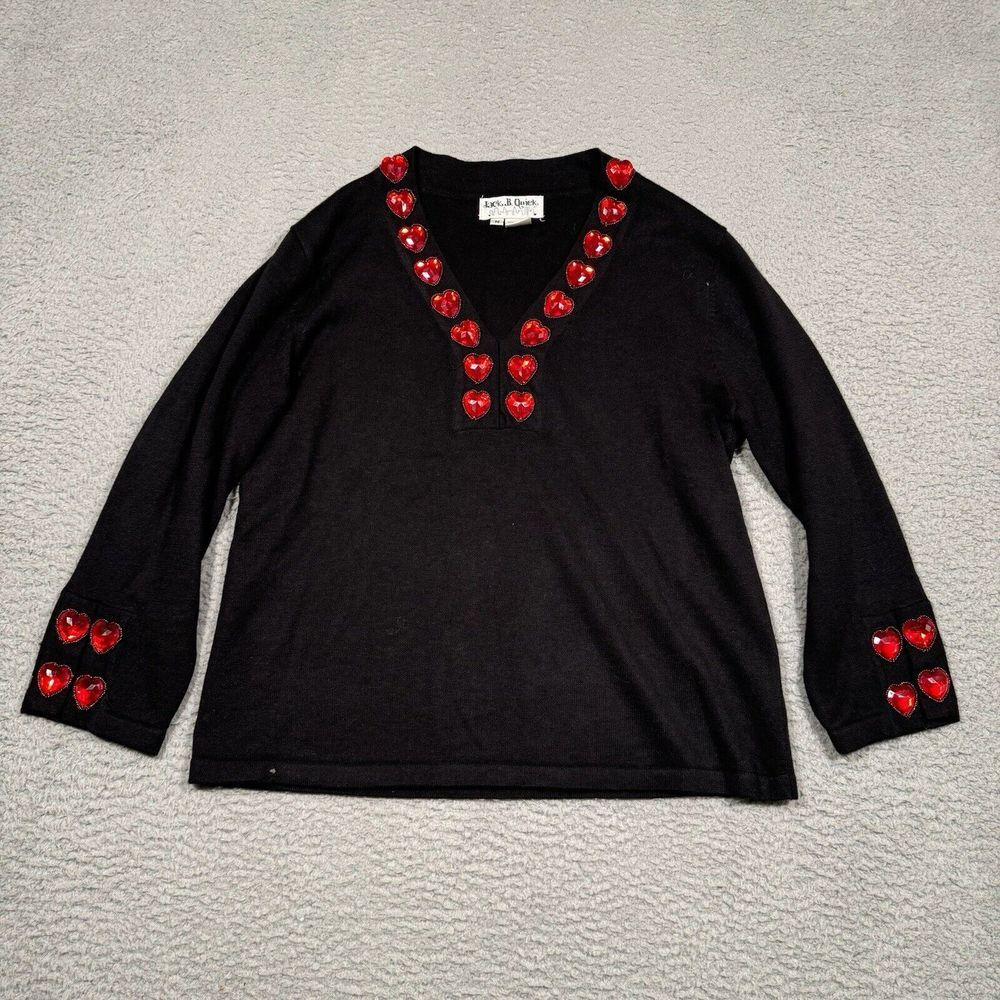 Vintage Jack B.‎ Quick Womens Sweater Black Heart Gem V-Neck Long Sleeve M